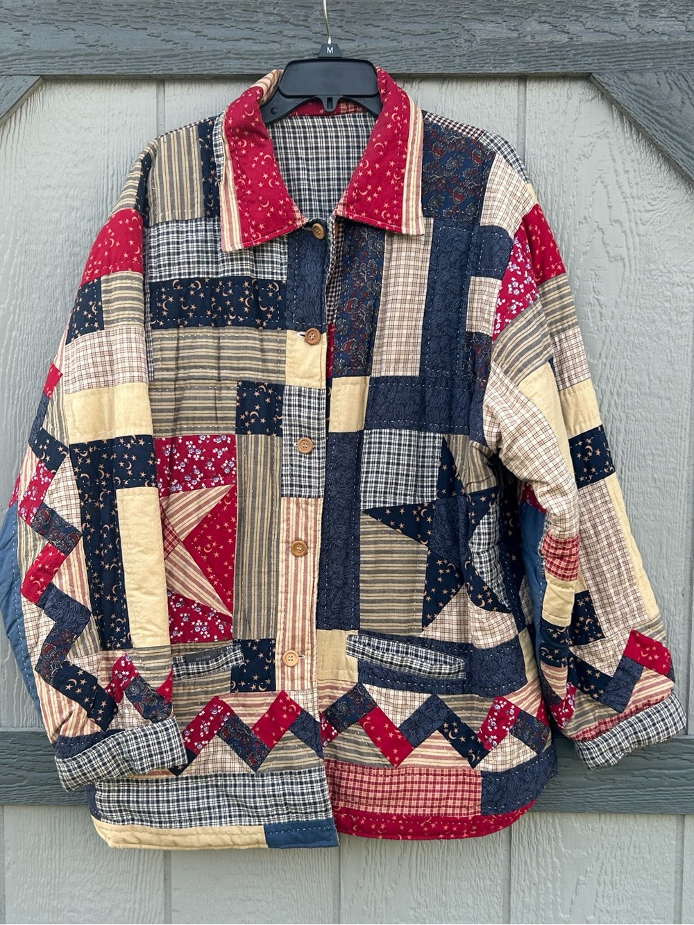 VTG Americana Quilted Patchwork Reversible Star Plaid Jacket - see measurements